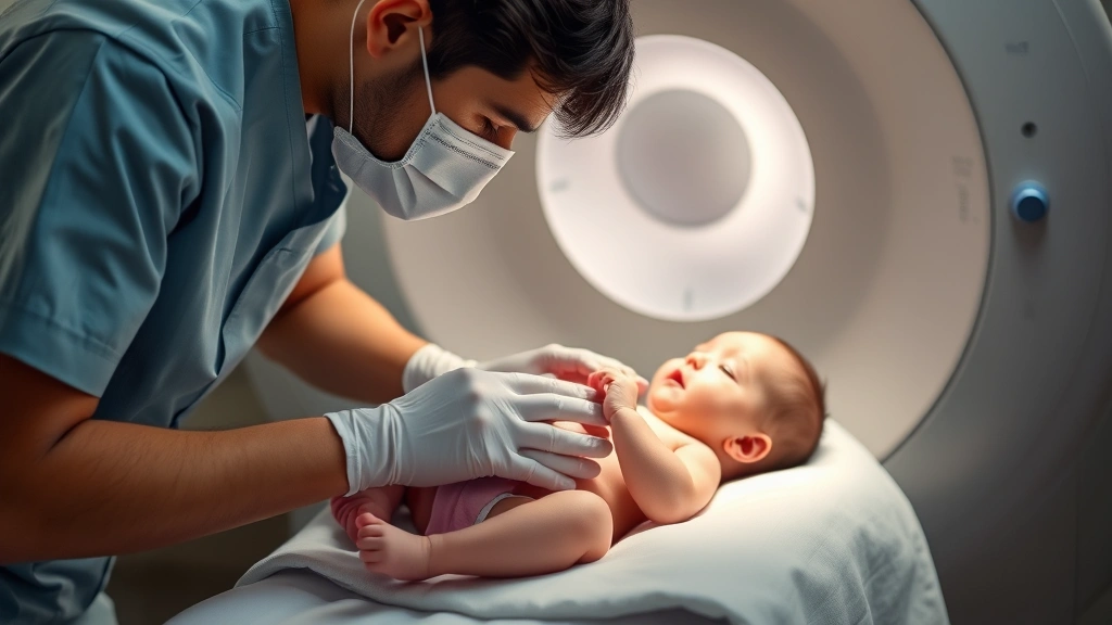 Young infant being gently positioned by a caring medical technician in professional attire during a diagnostic imaging procedure