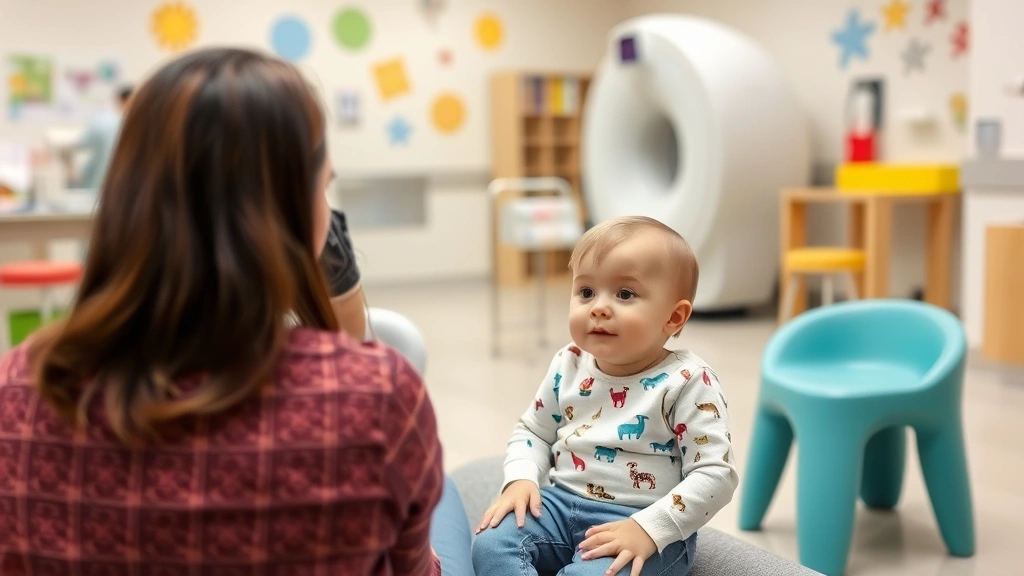 Toddler sitting calmly with a parent nearby in a pediatric radiology waiting area decorated with colorful, child-friendly elements