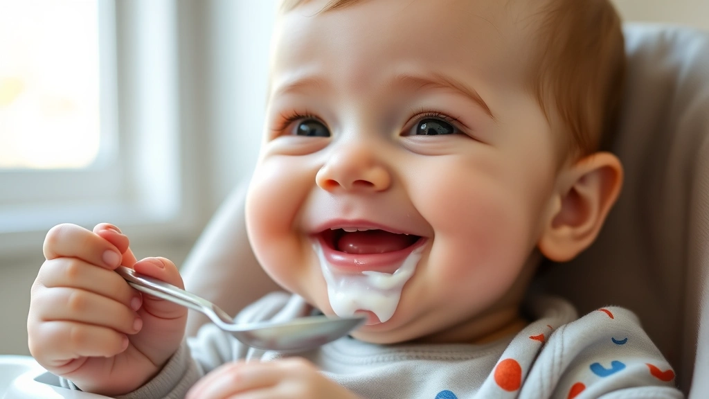 Close-up of a smiling 8-month-old baby with yogurt on their face, sitting in a high chair with a spoon in hand, natural sunlight from window