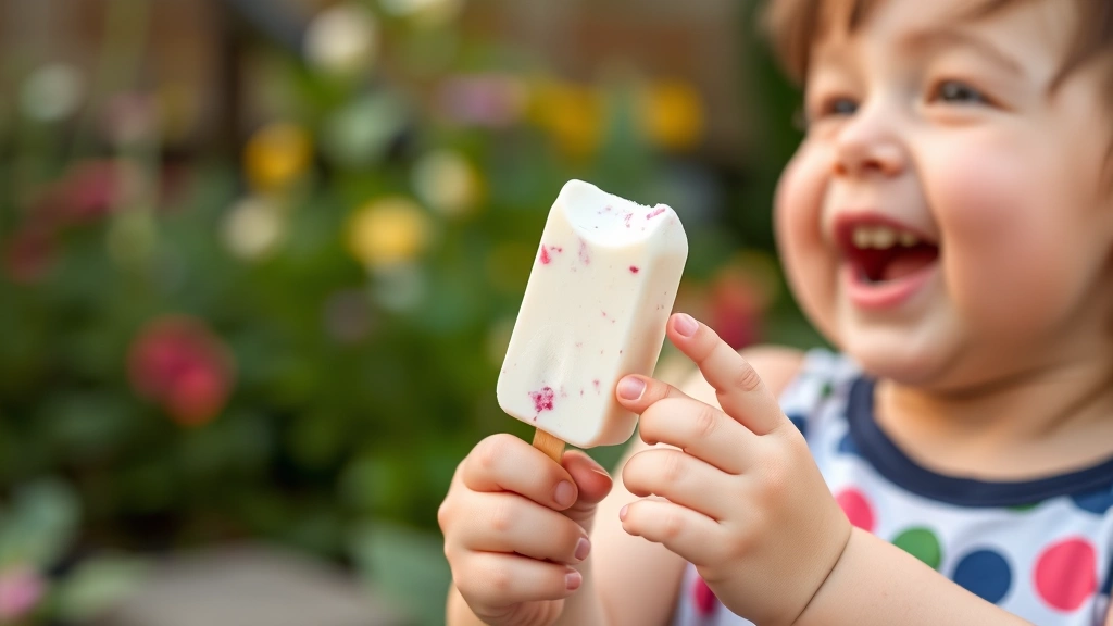 Toddler's hands holding a frozen yogurt popsicle, laughing outdoors in a garden, soft natural lighting, focus on joy and exploration