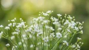 Delicate white baby's breath flowers in full bloom with thin, feathery green stems and foliage against soft natural light background