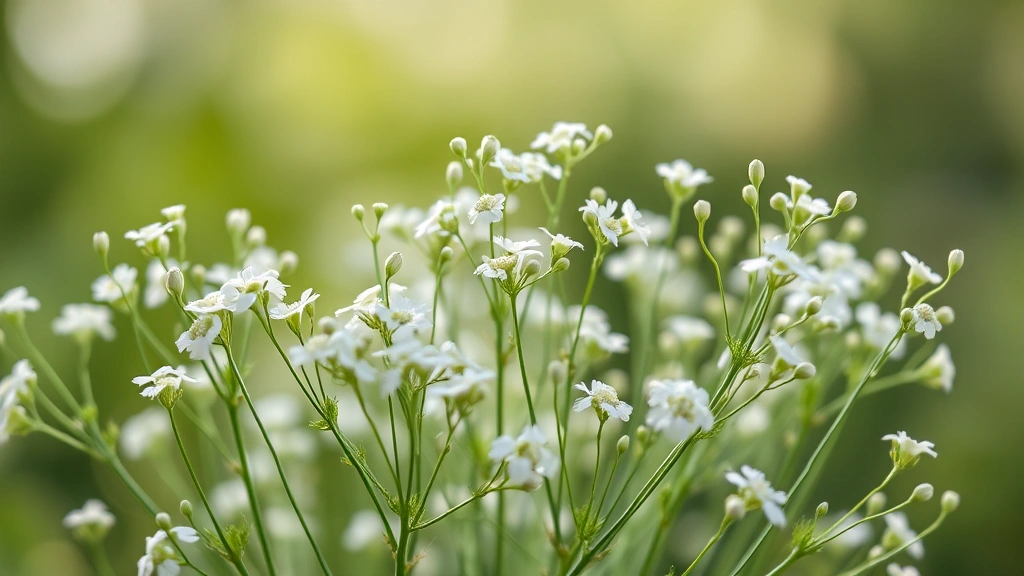 Delicate white baby's breath flowers in full bloom with thin, feathery green stems and foliage against soft natural light background
