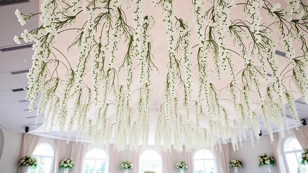 Cloud-like cascading white baby's breath flowers suspended from ceiling creating romantic canopy installation in decorated event space