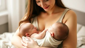 Warm, nurturing moment of a woman holding a newborn baby close to her chest, soft natural lighting, peaceful expression, intimate family bonding scene