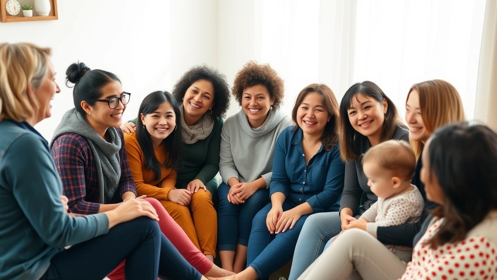 Diverse group of mothers of different ages and backgrounds sitting together in a supportive circle, smiling and connected, warm community atmosphere