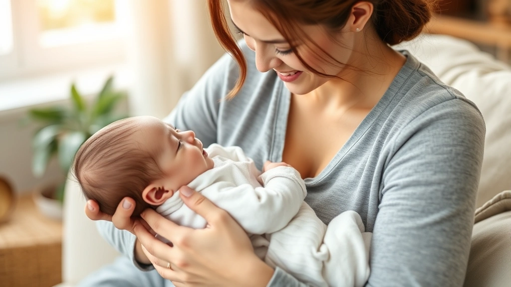 Mother cradling and comforting a baby, tender caregiving moment with gentle hands and loving expression, natural home setting with soft natural light