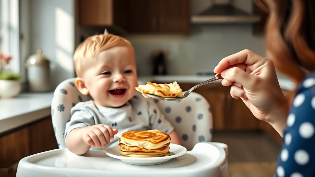 A happy baby sitting in a high chair with a parent offering a small piece of soft pancake on a spoon, bright natural kitchen lighting, warm family moment
