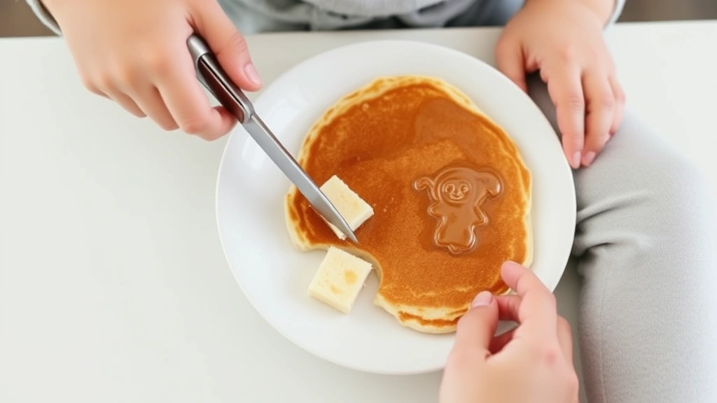 A parent carefully cutting small pancake pieces into tiny portions on a white plate, demonstrating proper pancake preparation for infant safety