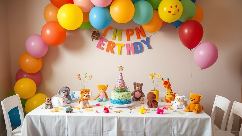 Child's birthday party table decorated with rainbow-colored balloons, animal-themed centerpieces, and small plush toys scattered playfully across the surface.