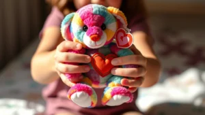 A child's hands gently holding a colorful Beanie Baby plush toy with a heart-shaped tag visible, soft natural lighting, cozy bedroom setting, showing emotional connection and care