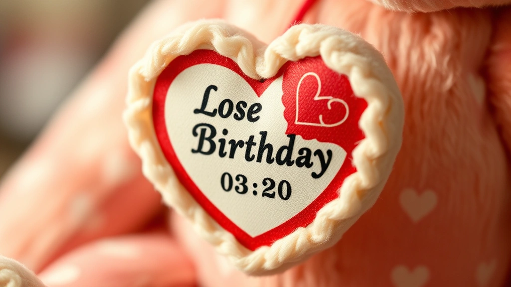 Close-up of Beanie Baby heart-shaped tag with birthday information visible, vintage aesthetic, soft focus background, highlighting the collectible detail and craftsmanship