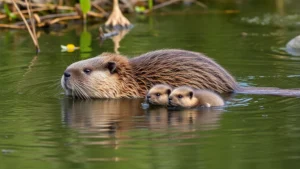 A mother beaver swimming protectively near her young kit in a calm river, surrounded by water plants and natural habitat, soft natural lighting