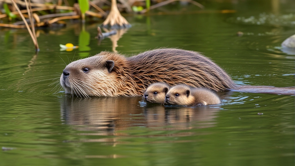 A mother beaver swimming protectively near her young kit in a calm river, surrounded by water plants and natural habitat, soft natural lighting