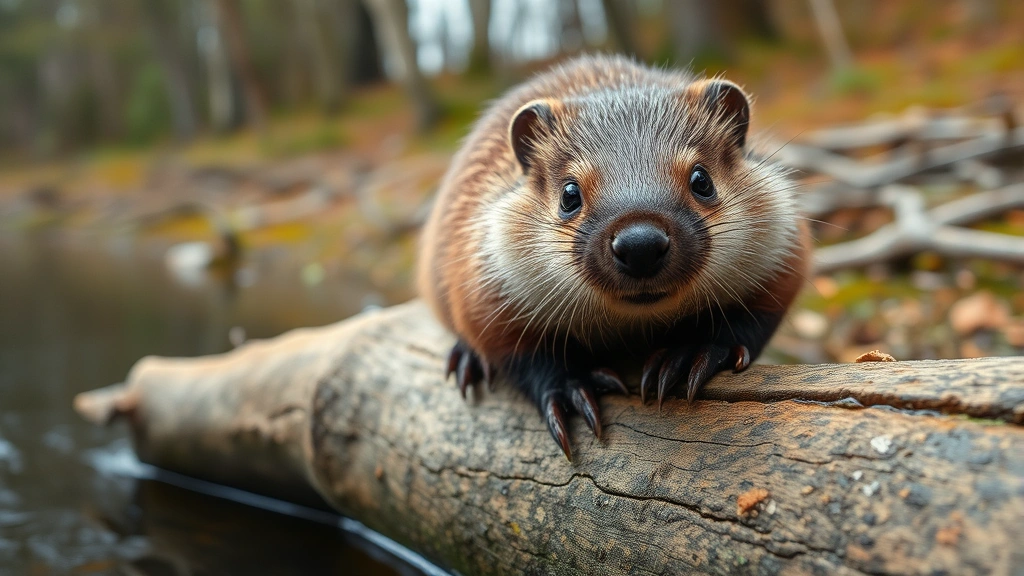 Close-up of a young beaver kit on a log near water's edge, showing fuzzy fur and curious expression, natural outdoor setting with trees