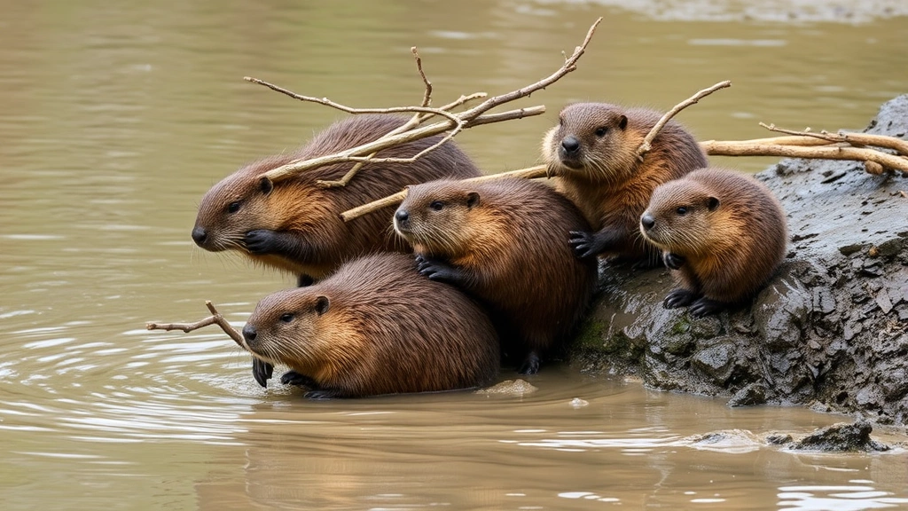 Beaver family working together on dam construction, multiple beavers of different sizes carrying branches and working cooperatively in water and mud