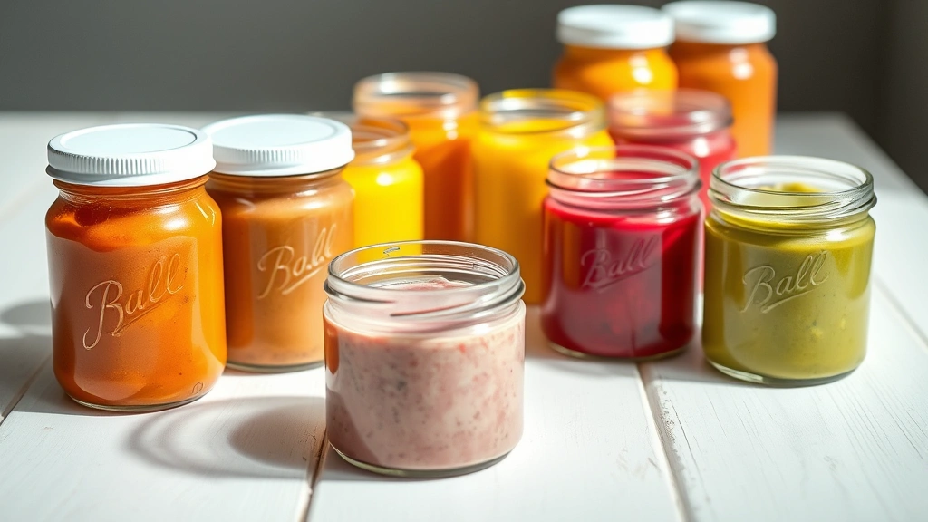 Close-up of various baby food jars with colorful pureed contents arranged on a white wooden surface with soft natural lighting