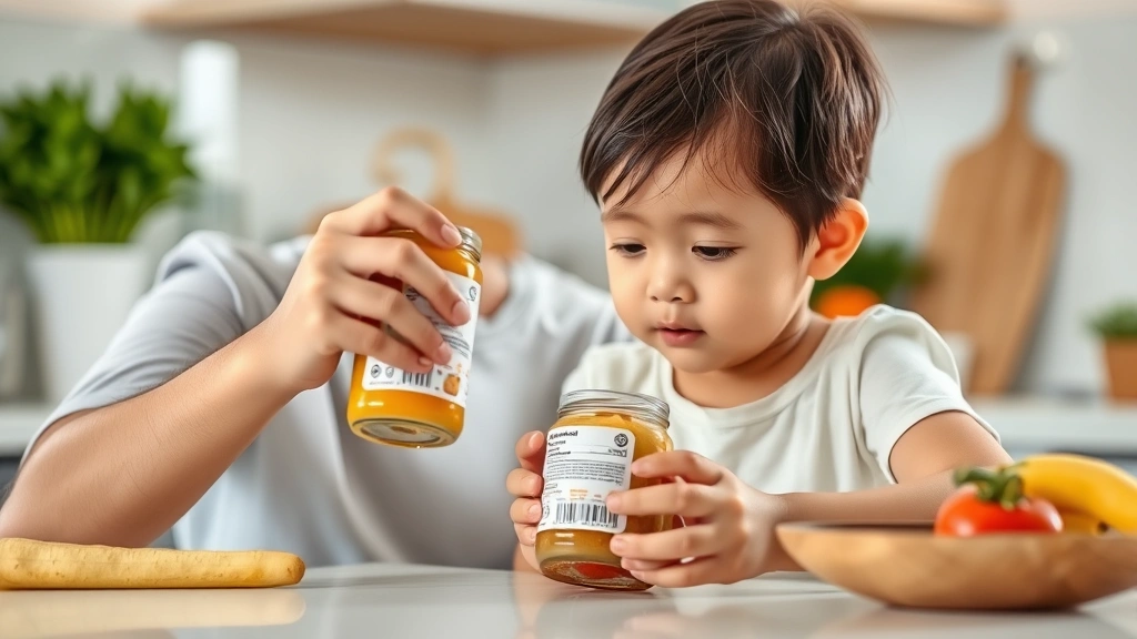 Parent carefully reading ingredient label on baby food jar in bright kitchen with fresh produce visible in background