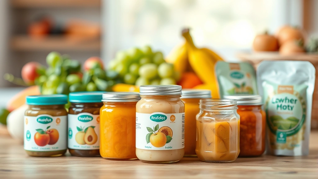 A close-up of various baby food containers including glass jars and pouches arranged on a wooden surface with fresh fruits and vegetables blurred in the background, emphasizing quality and freshness