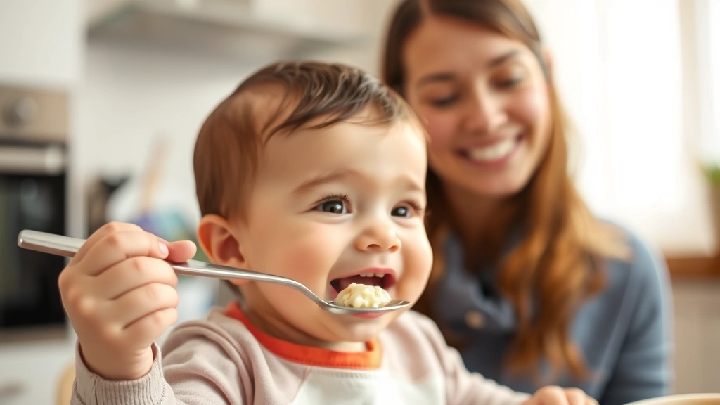 Baby happily eating from a spoon with blurred caregiver face smiling in background, warm home kitchen setting