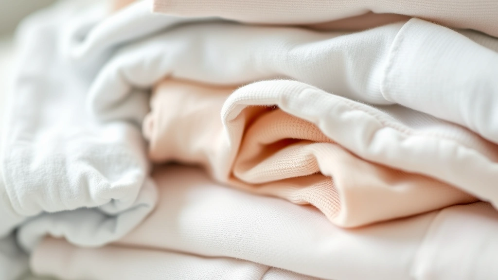 Close-up of gentle, soft baby clothes folded neatly in natural lighting, showing various pastel-colored fabrics and textures with a minimalist aesthetic