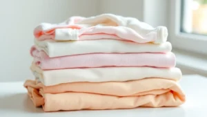 Soft, folded pastel-colored baby onesies and sleepers stacked neatly on a white surface, natural lighting from window