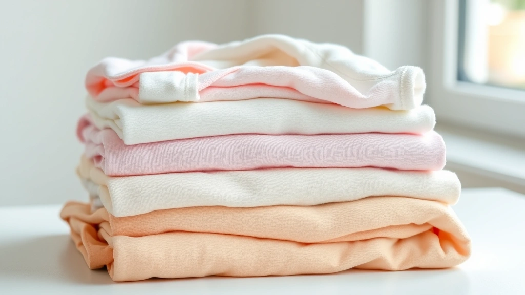 Soft, folded pastel-colored baby onesies and sleepers stacked neatly on a white surface, natural lighting from window