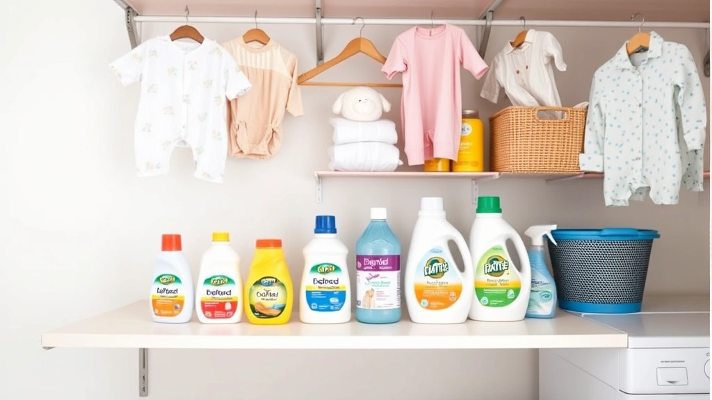 Organized laundry room shelf displaying various detergent bottles and washing supplies arranged neatly with baby clothes hanging in background