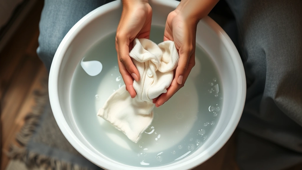Parent's hands gently washing small baby clothes in clear water over a white basin, tender caregiving moment