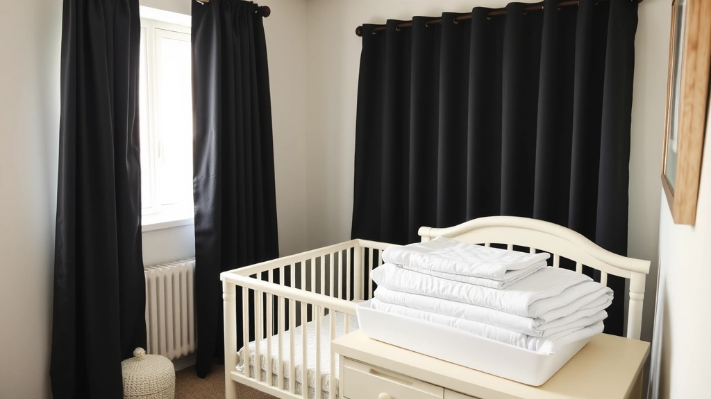 Organized nursery with blackout curtains, white noise machine, and neatly stacked crib sheets on a changing table, soft natural lighting