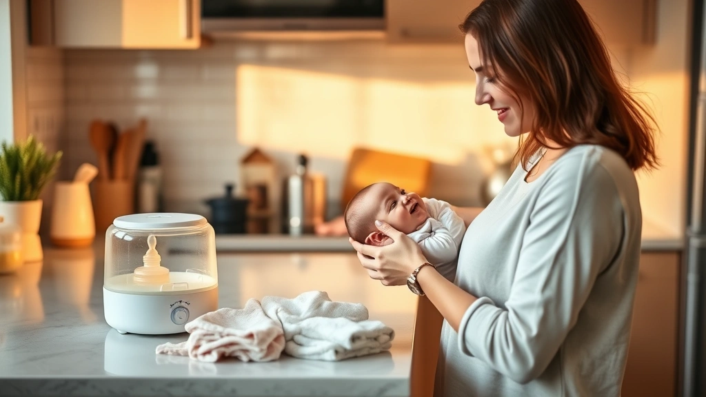 Parent feeding baby with quality bottle warmer, sterilizer, and burp cloths arranged on kitchen counter, warm morning light