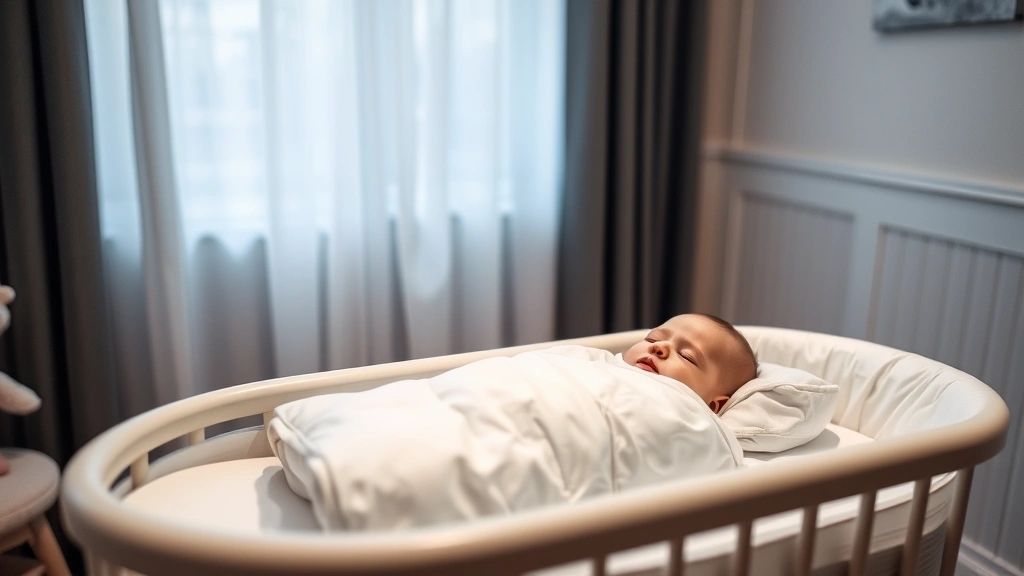 Baby sleeping peacefully in bassinet with weighted sleep sack, soft blackout curtains in background, peaceful nursery ambiance