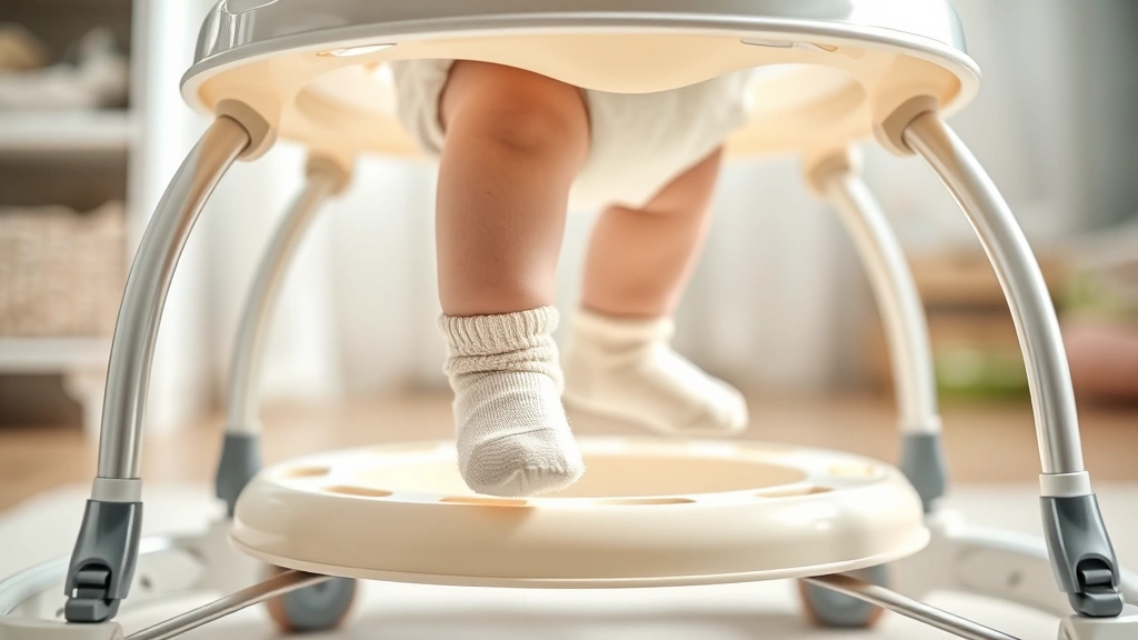 Close-up of a baby's feet in soft socks stepping in a sturdy walker seat, bright nursery background, natural daylight, gentle and safe atmosphere