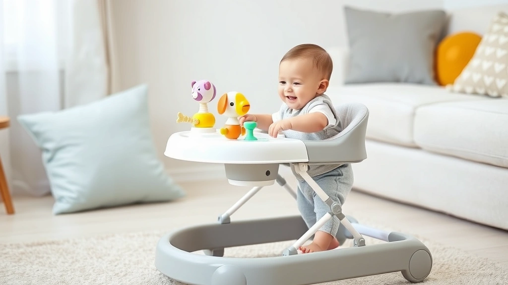 Happy infant learning to walk with support from a modern walker, surrounded by soft toys and cushions, focused on the baby's confident posture and balance