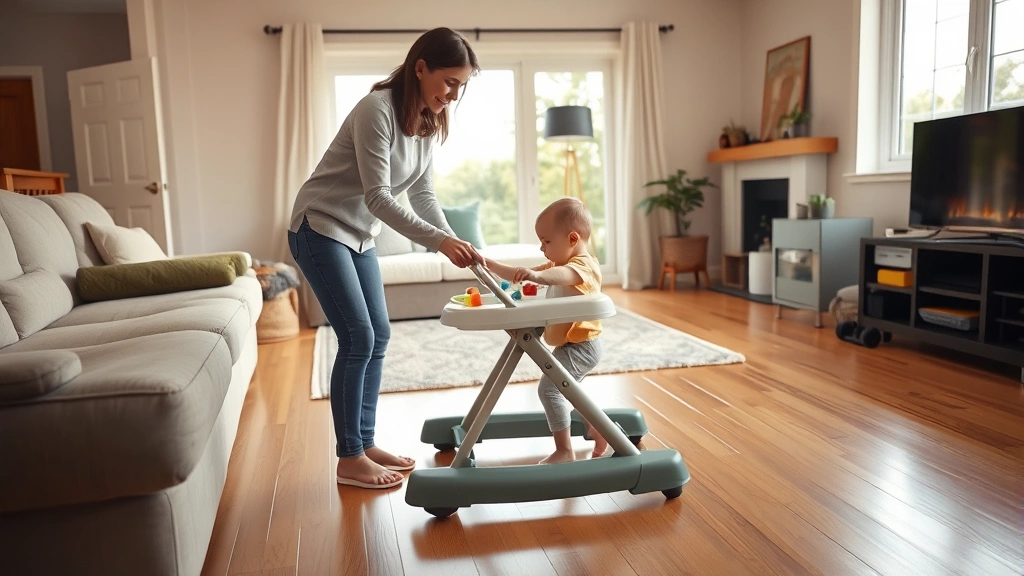 Parent supervising a toddler using a walker in a spacious, safe living room with wooden flooring, warm natural light streaming through windows, peaceful home setting