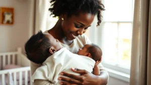 Warm intimate moment of a Black mother holding her newborn baby close, soft natural lighting through a window, tender expression of love and connection, peaceful nursery setting