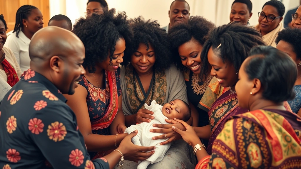 Multi-generational Black family gathered around a baby during a naming ceremony, celebrating with joy and pride, traditional and modern elements visible, community celebration atmosphere