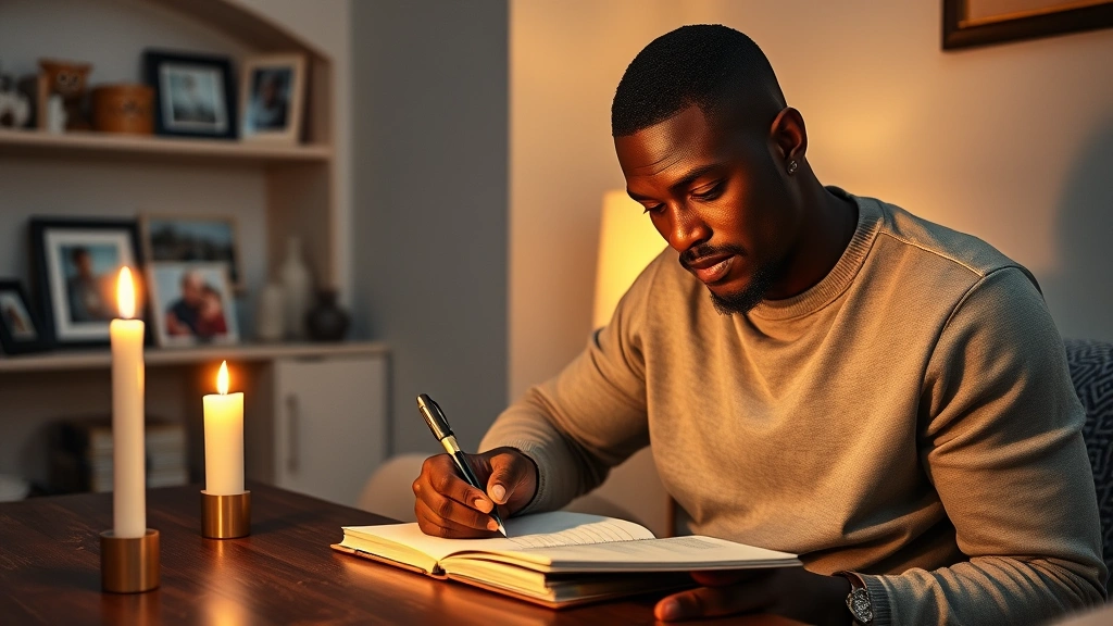 Black father writing in a baby journal by candlelight, thoughtful expression, family photos and cultural items on nearby shelf, documenting baby's name and story