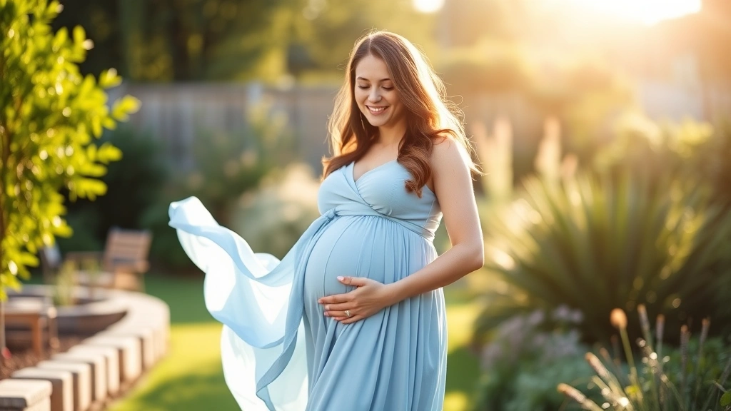Pregnant woman in flowing light blue dress standing in sunlit garden, gentle smile, hand on belly, soft natural lighting