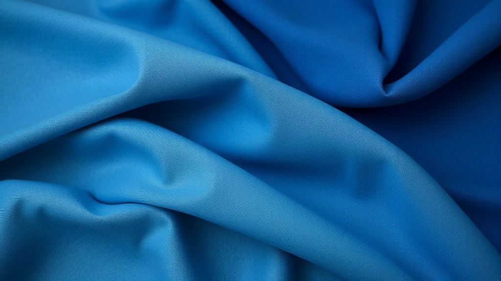 Close-up of various blue fabric textures and materials including cotton, jersey, and linen samples draped elegantly