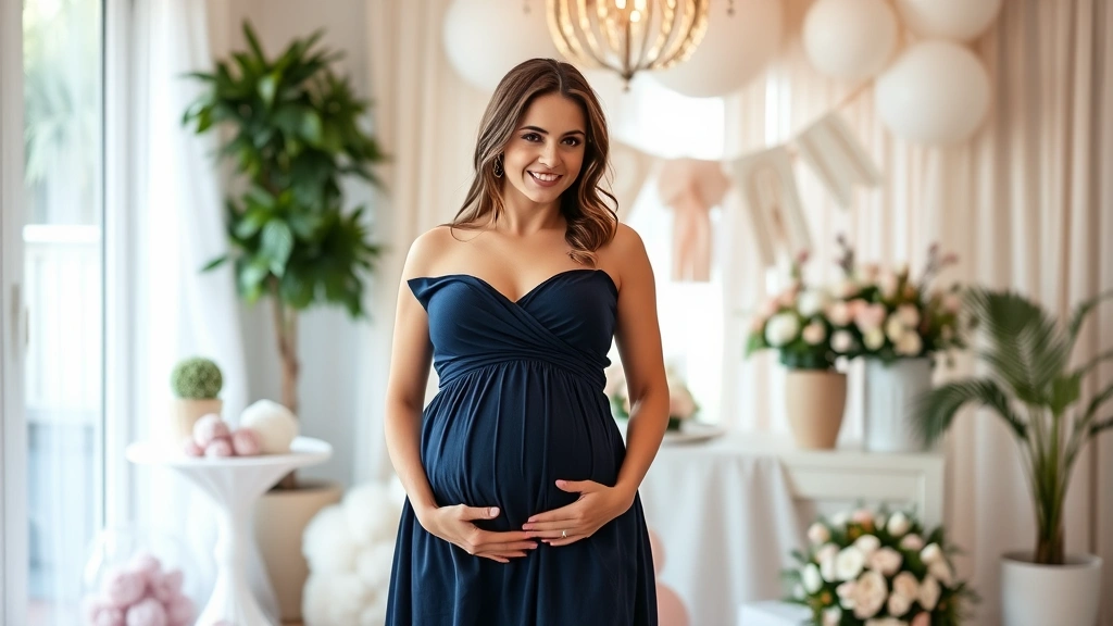 Expectant mother wearing navy blue empire waist dress at elegant indoor baby shower celebration, surrounded by soft décor