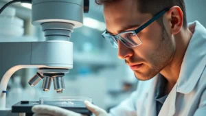 Close-up of laboratory scientist in white coat carefully examining petri dishes under microscope light, focused expression, modern research facility background