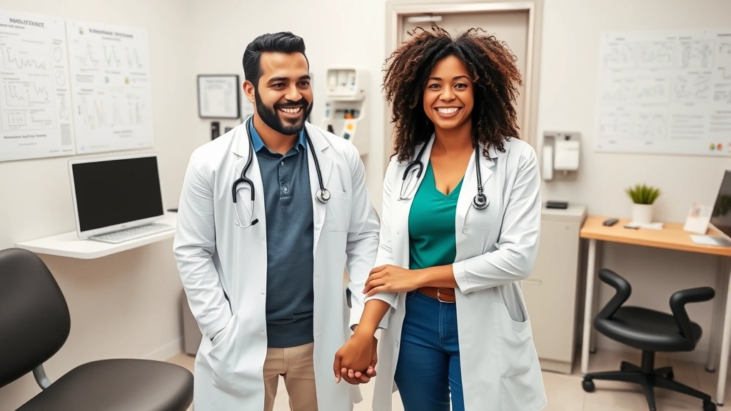 Diverse same-sex couple holding hands in doctor's office, warmly smiling, medical charts on walls, professional healthcare setting atmosphere