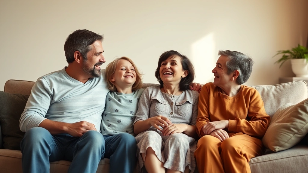 Multi-generational family of four sitting together on couch, parents and two children laughing naturally, warm home lighting, candid joyful moment