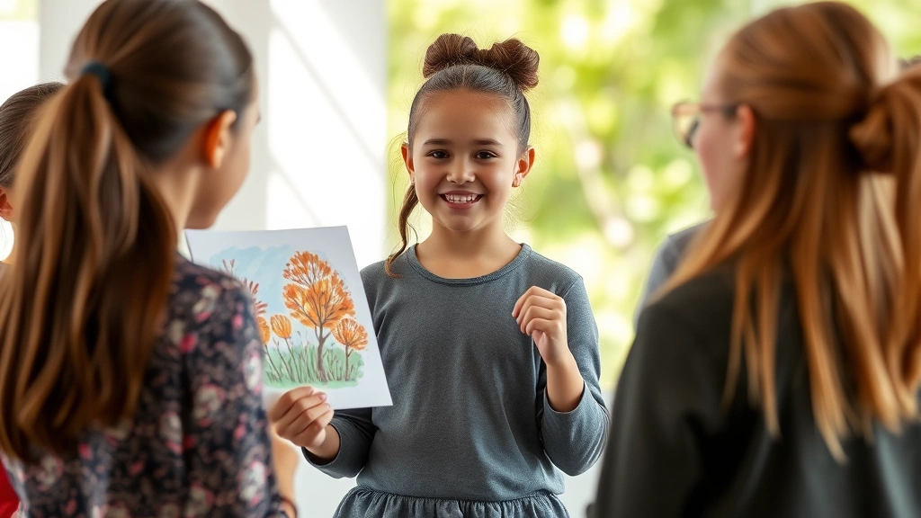 A young girl confidently presenting her artwork to a group, smiling with pride and conviction, studio lighting, natural background