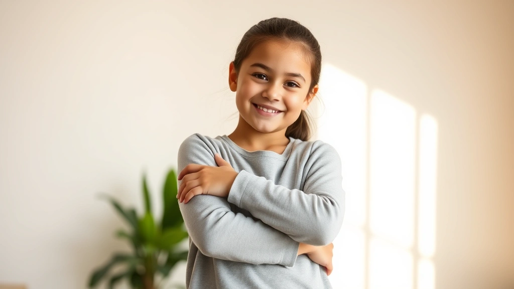 Young girl with arms crossed confidently, standing in sunlit room with soft background, natural smile, wearing comfortable clothing that allows freedom of movement