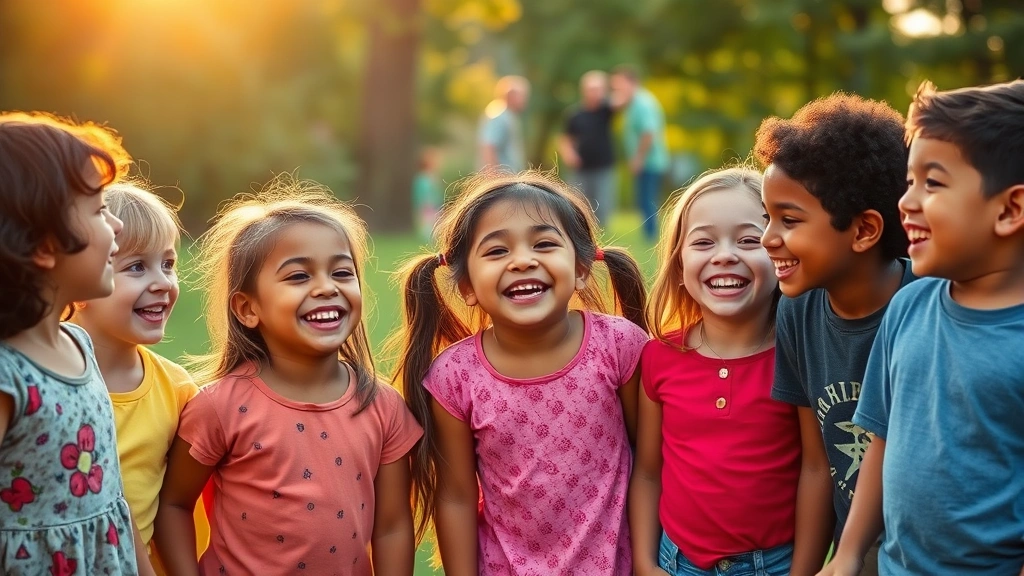 A diverse group of children laughing together outdoors, one leading the conversation with animated expression, golden hour lighting, park setting