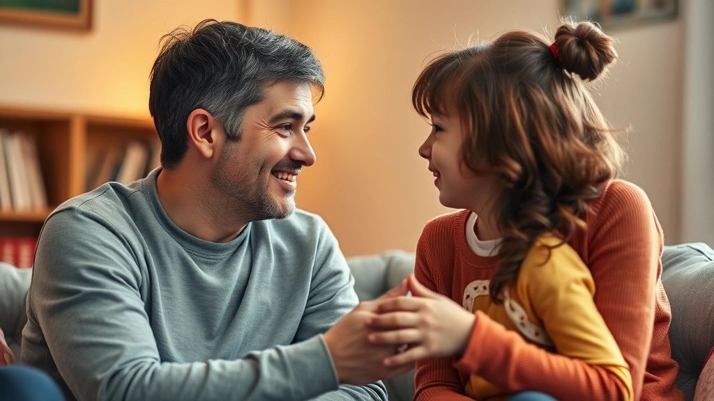Parent and child having a conversation at eye level, both engaged and listening, warm lighting, showing respectful communication and genuine connection