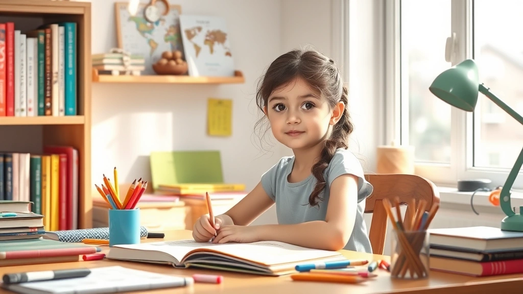 A girl sitting at a desk with a determined expression, surrounded by books and creative materials, natural window light, cozy study space