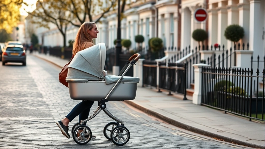 A parent pushing a classic silver cross-style pram on a London street with Georgian townhouses in soft morning light, cobblestone pavement visible
