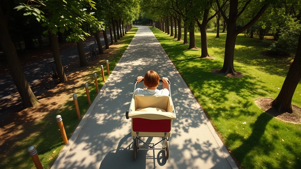 Overhead view of parent pushing a classic British pram through a tree-lined park pathway on a sunny day, child visible from above